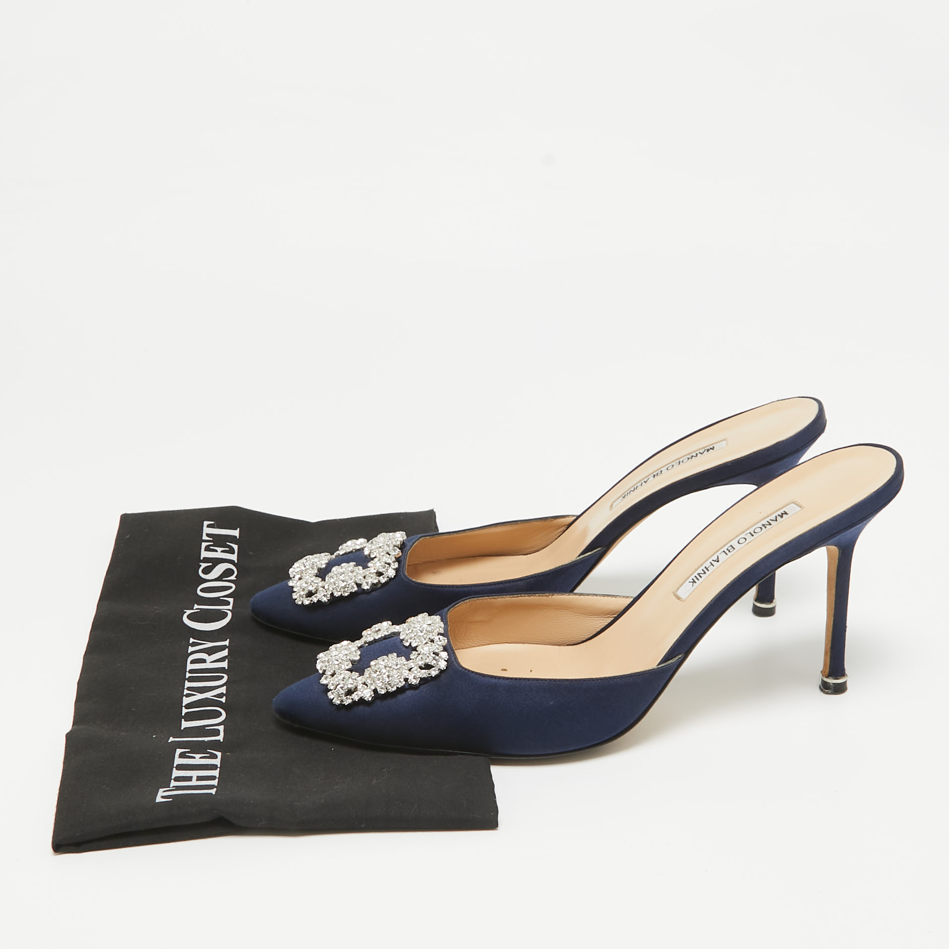 Manolo Blahnik Navy Blue Satin Hangisi Mules Size 41