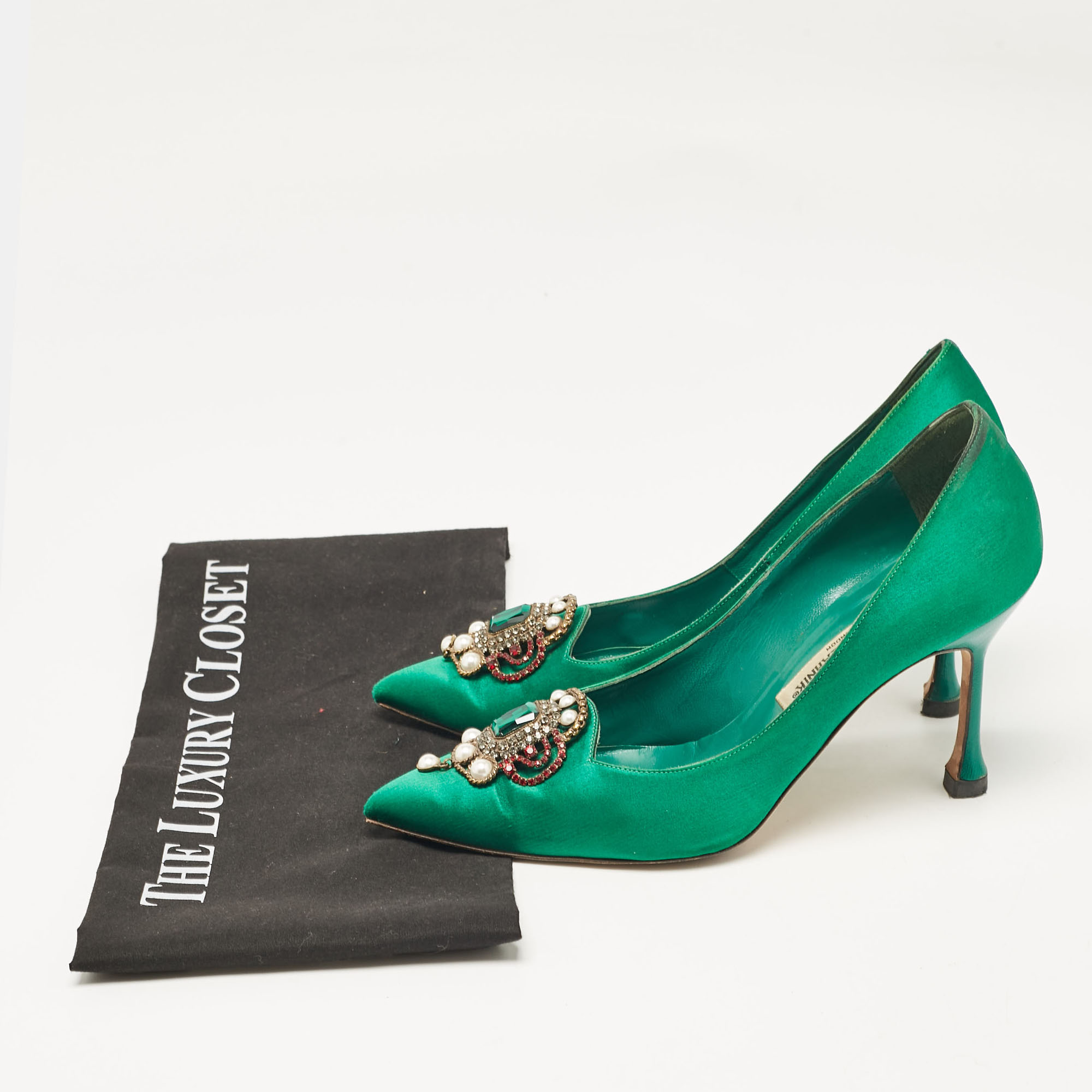 Manolo Blahnik Green Satin Eufrasia Pumps Size 37.5