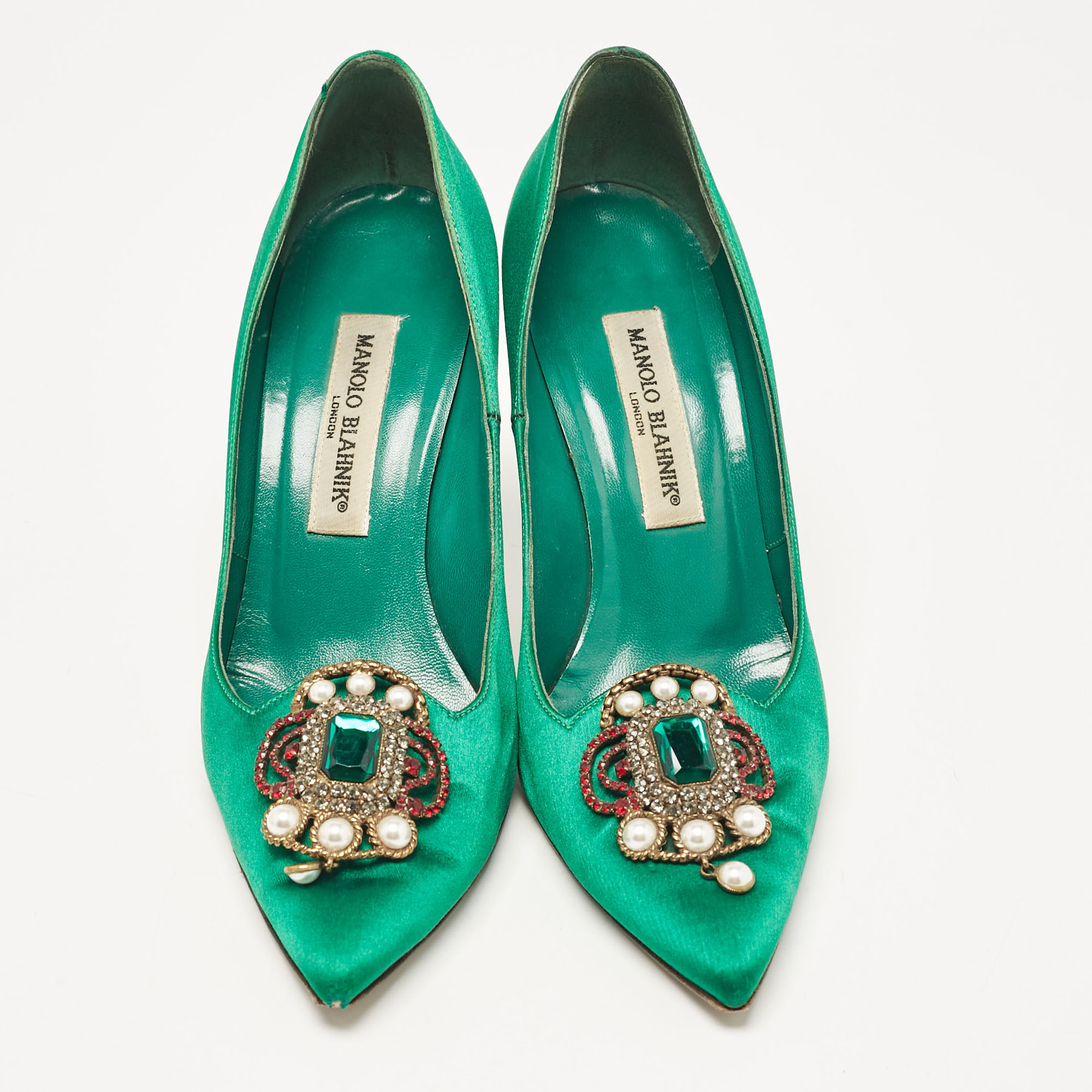 Manolo Blahnik Green Satin Eufrasia Pumps Size 37.5