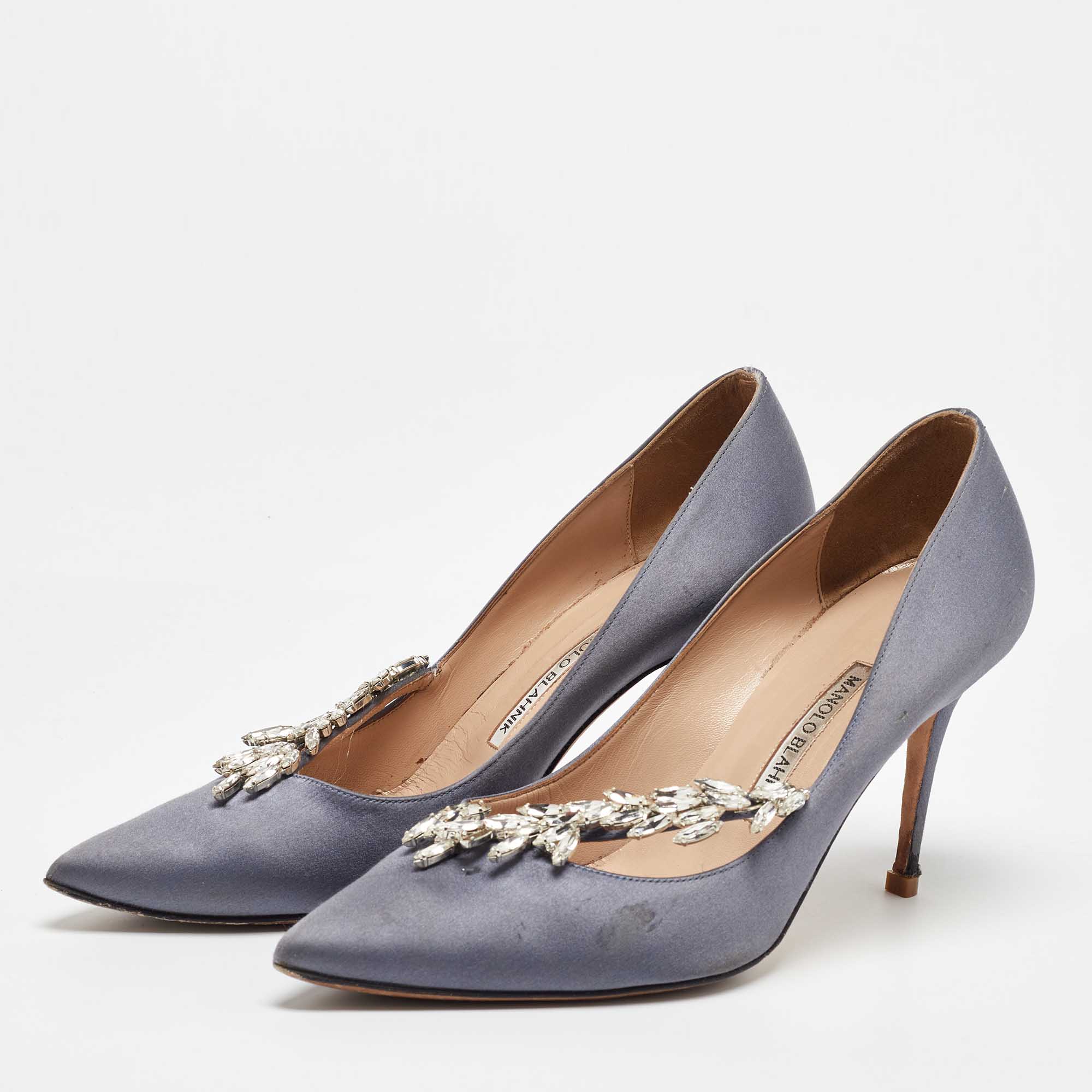 Manolo Blahnik Grey Satin Nadira Pointed Toe Pumps Size 39