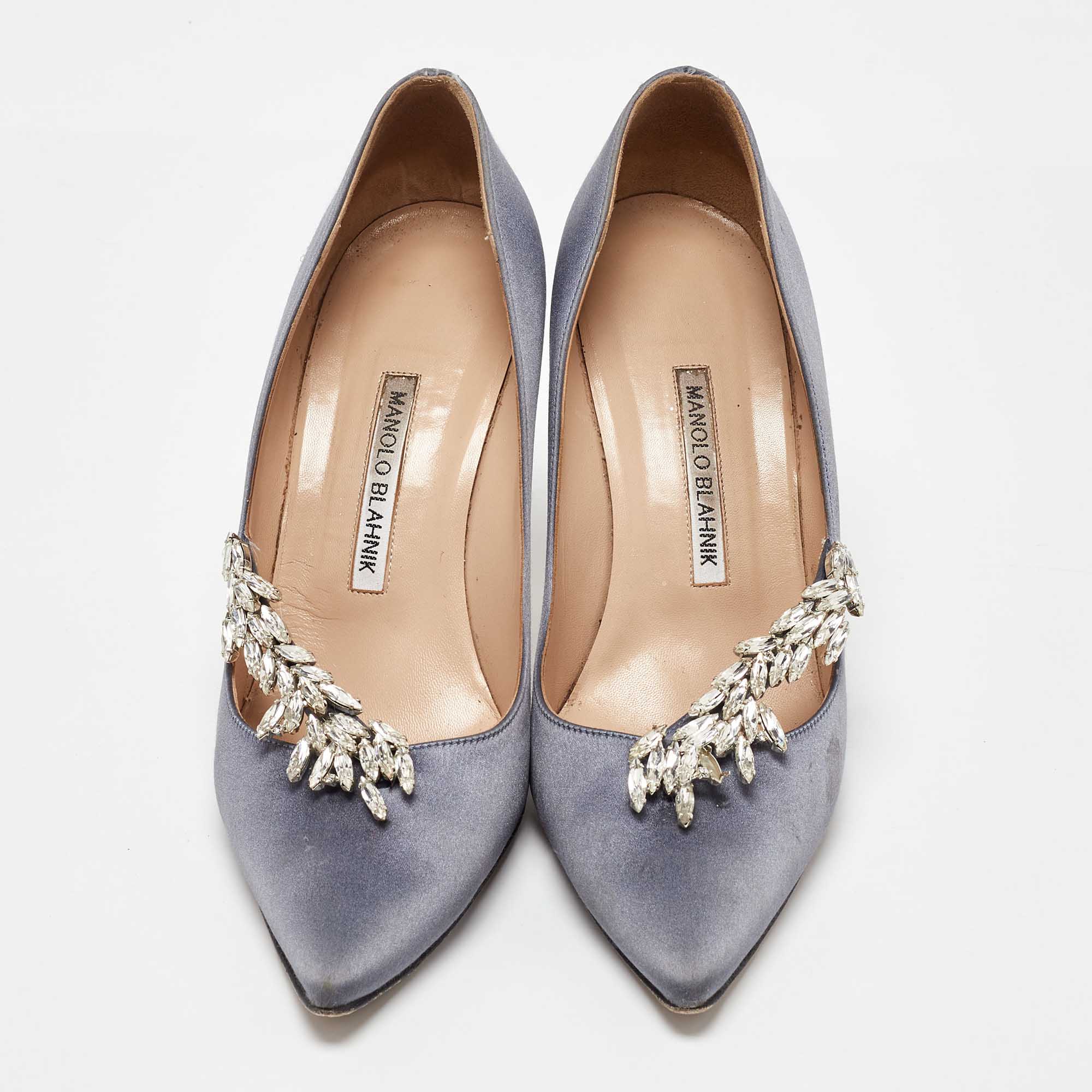 Manolo Blahnik Grey Satin Nadira Pointed Toe Pumps Size 39