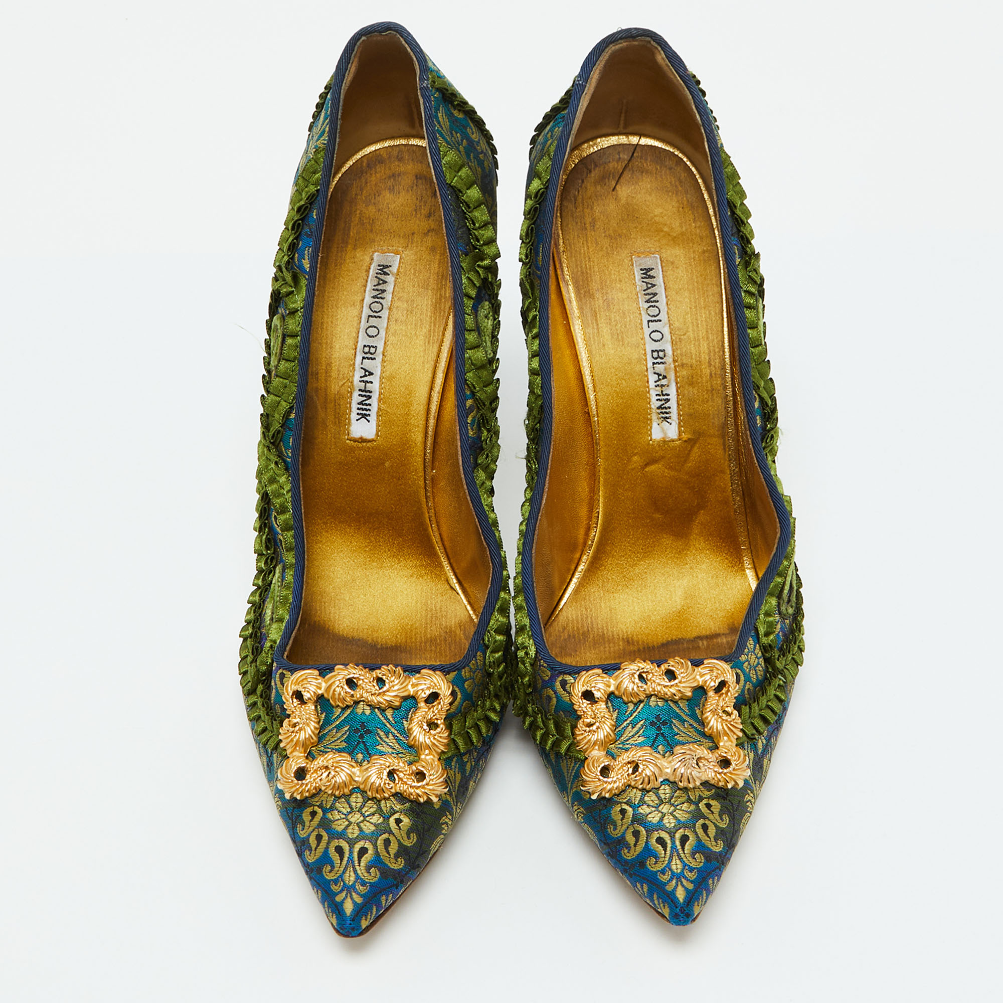 Manolo Blahnik Multicolor Brocade Fabric Hangisi Pointed Toe Pumps Size 40