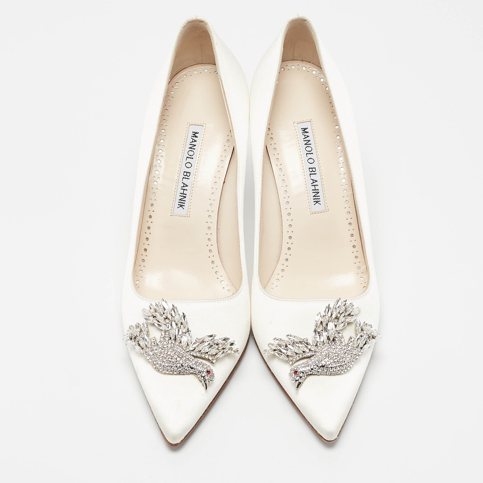 Manolo Blahnik White Satin Rhinestone Pumps Size 37.5