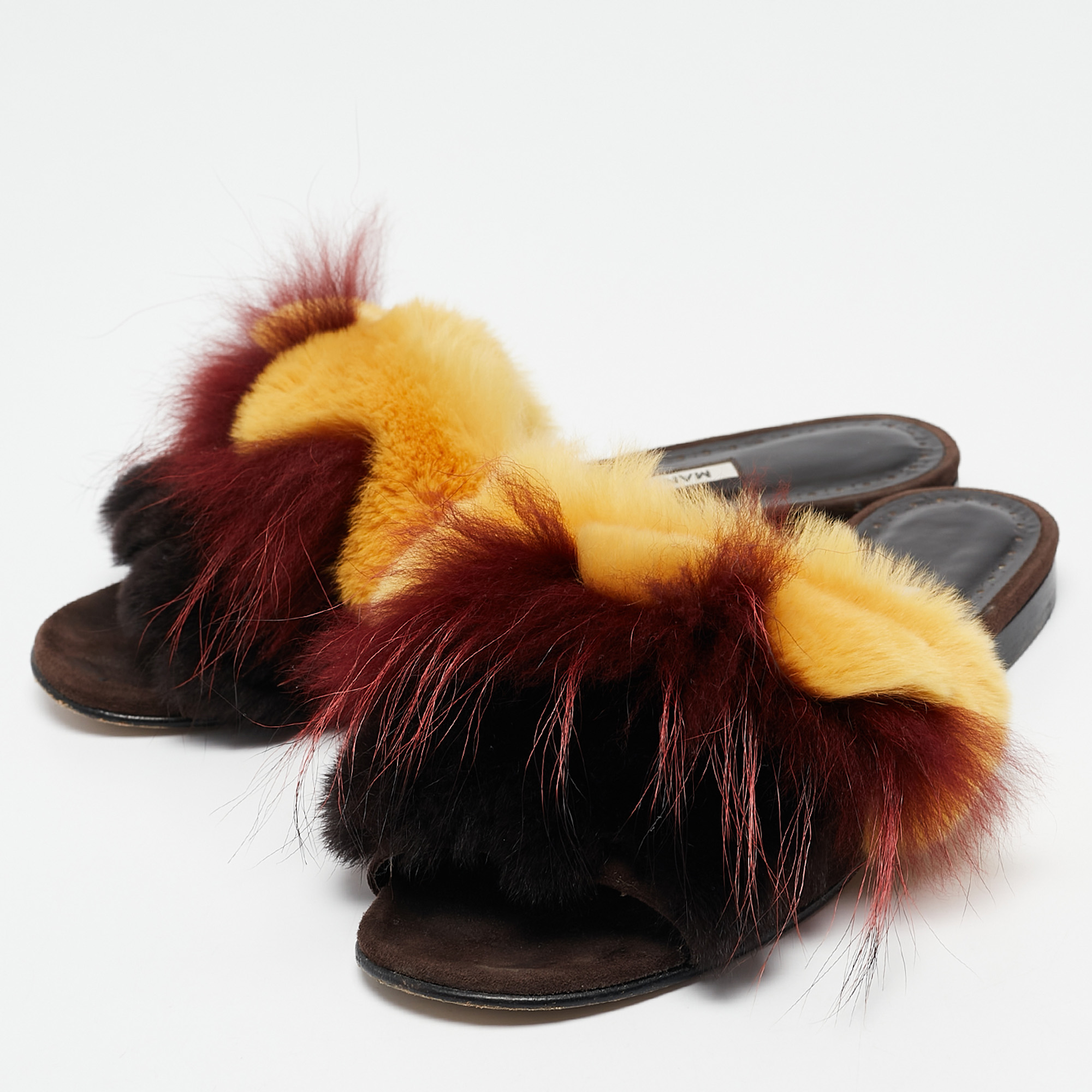 Manolo Blahnik Multicolor Mink Fur Slide Sandals Size 37