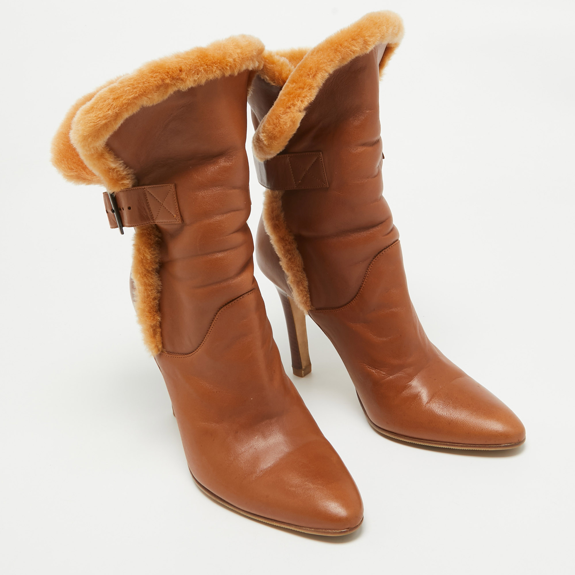 Manolo Blahnik Brown Fur And Leather Ankle Length Boots Size 39.5