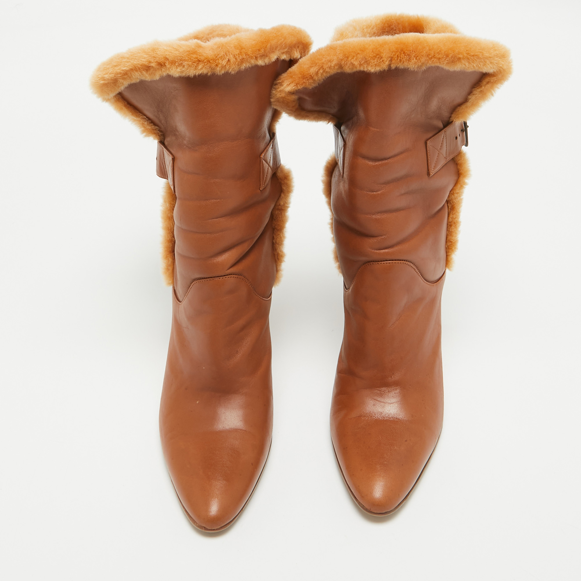 Manolo Blahnik Brown Fur And Leather Ankle Length Boots Size 39.5