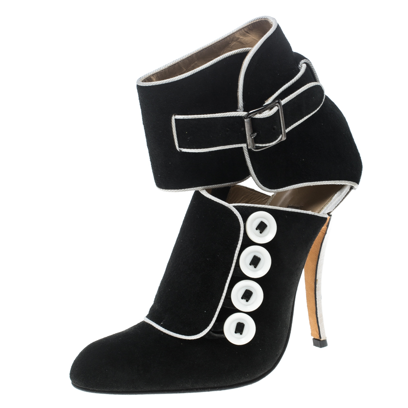 Manolo Blahnik Black/White Suede And Fabric Rapacina Button Detail Booties Size 35.5