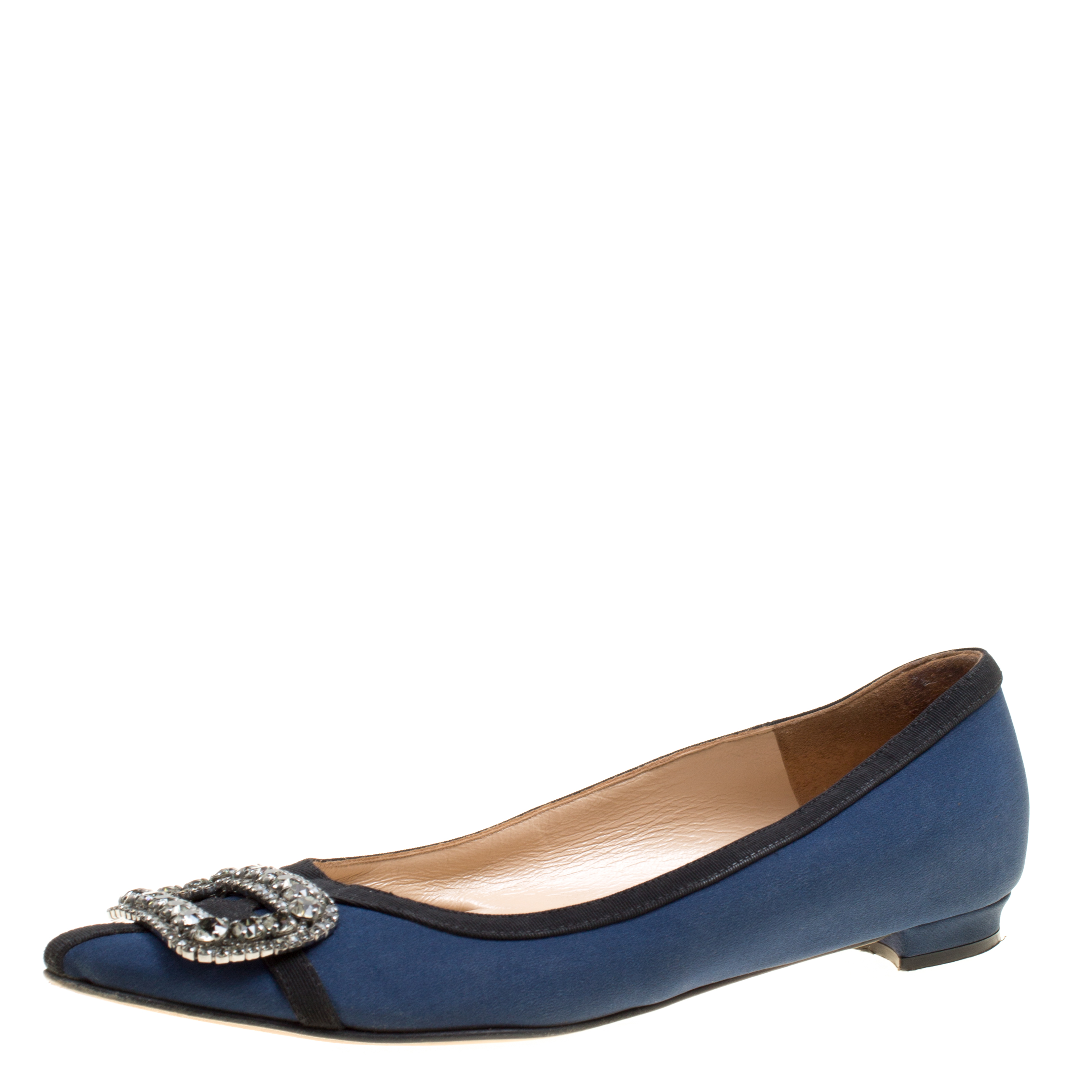 Manolo Blahnik Navy Blue Satin Gotrian Crystal Embellished Pointed Toe Flats Size 36.5