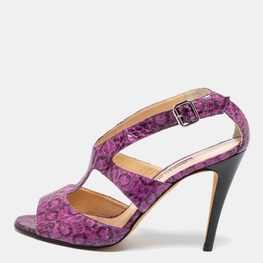 

Manolo Blahnik Purple And Black Snakeskin Peep Toe Ankle Strap Sandals Size