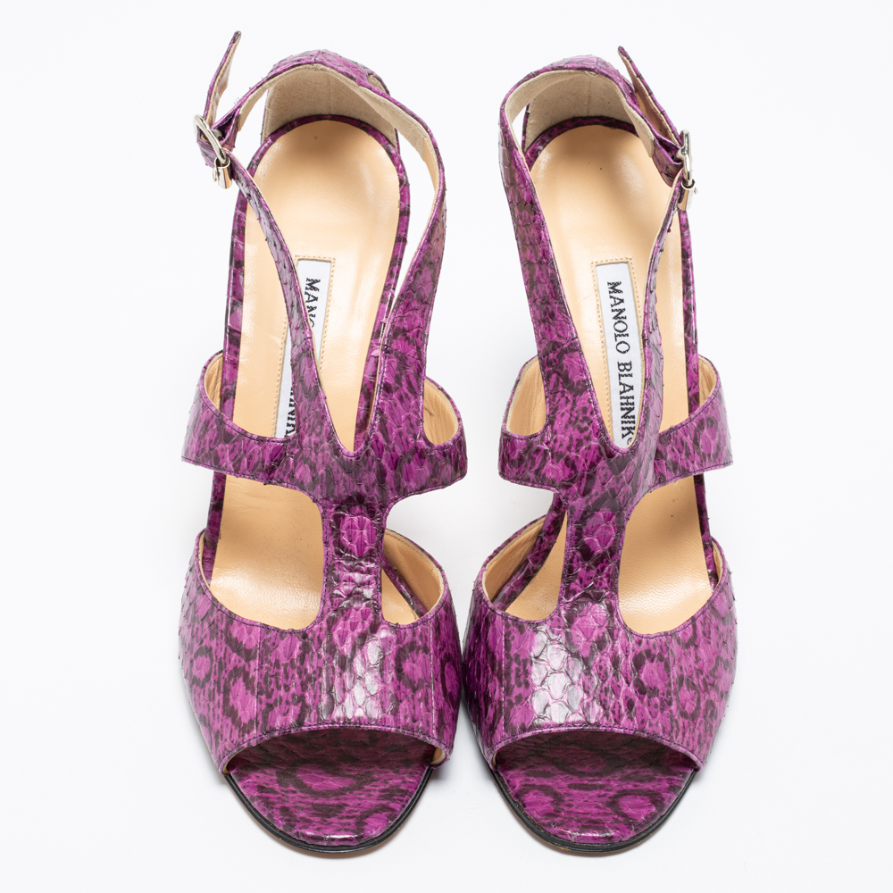 Manolo Blahnik Purple And Black Snakeskin Peep Toe Ankle Strap Sandals Size 38.5