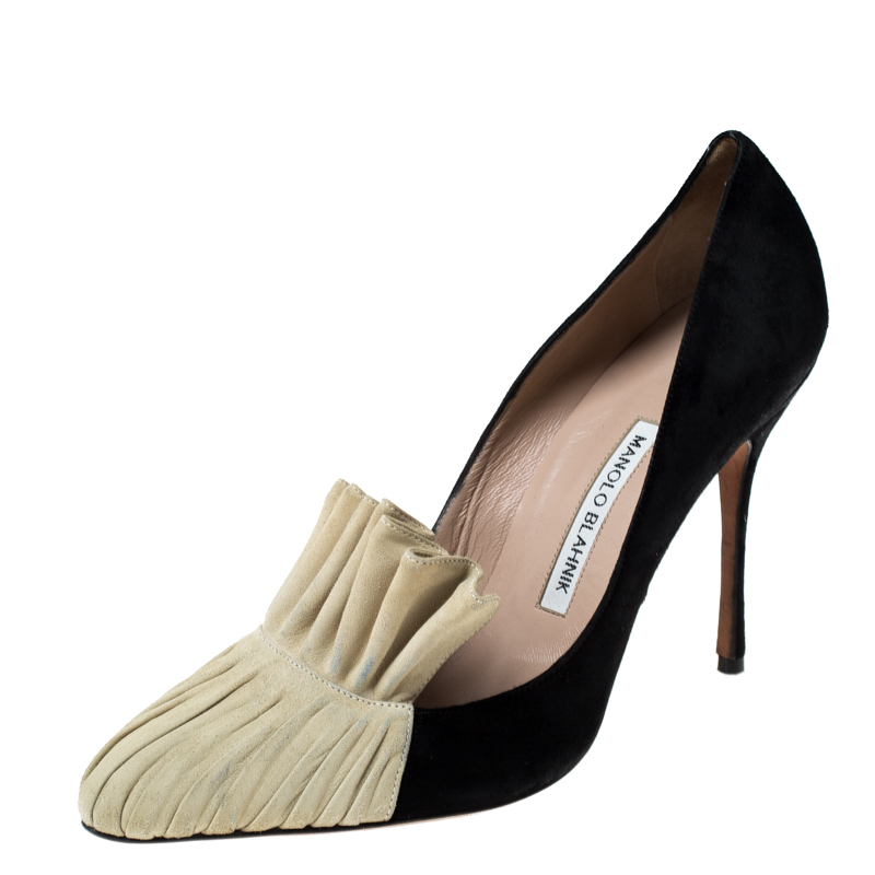 Manolo blahnik black and beige suede arleti frill detail pumps size 39.5