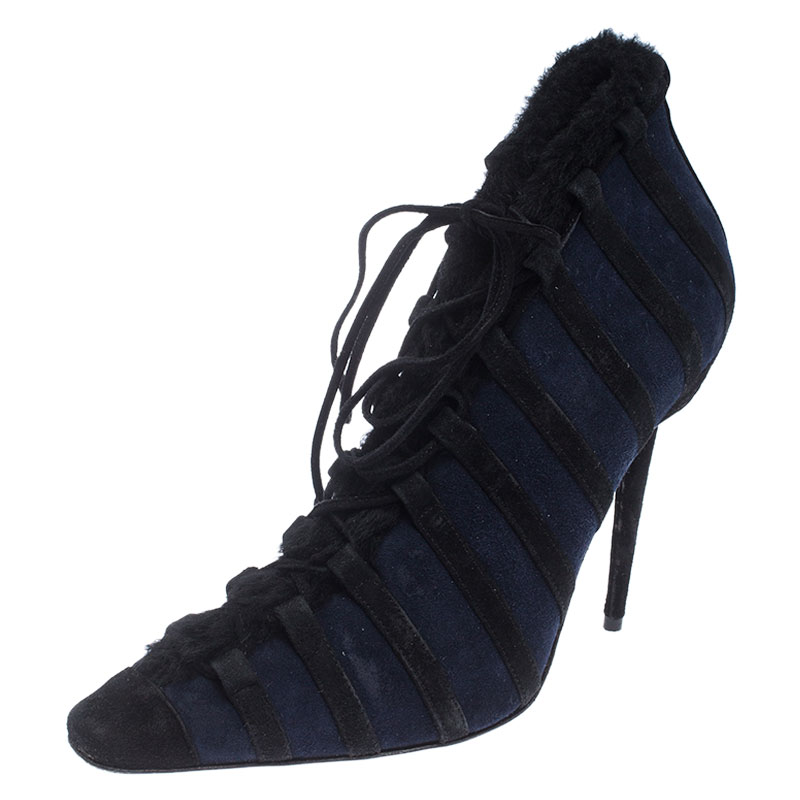 Image of Manolo Blahnik Black/Blue Suede And Faux Fur Lace Up Ankle Boots Size .