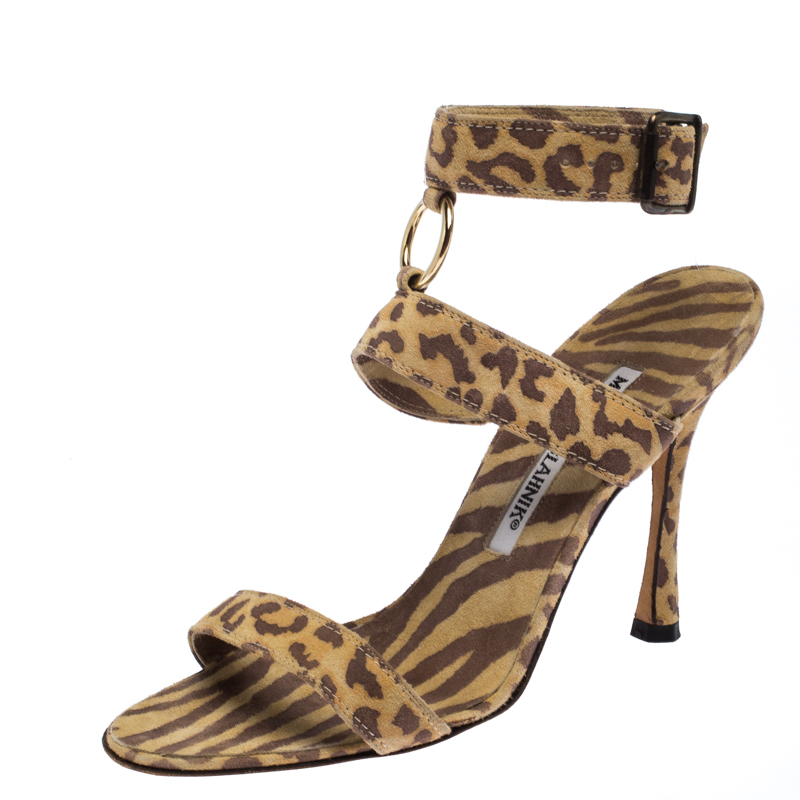 Image of Manolo Blahnik Muticolor Leopard Print Suede Ankle Strap Sandals Size