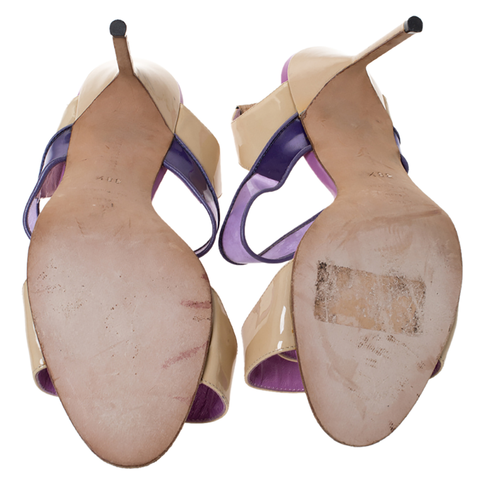 Manolo Blahnik Purple/Beige Patent Leather And PVC Slingback Sandals Size 38.5
