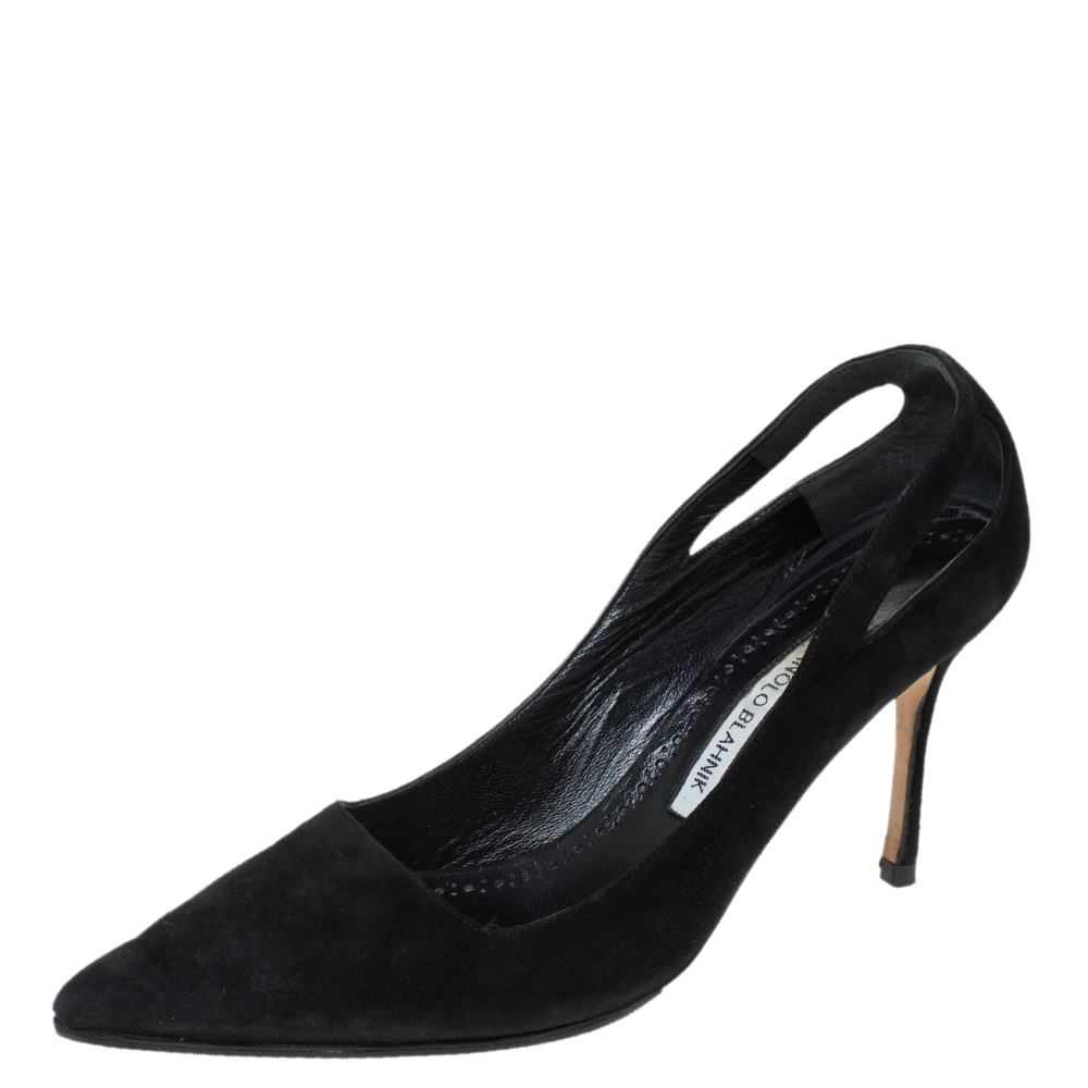 Manolo blahnik black suede cut out detail pointed toe pumps size 39