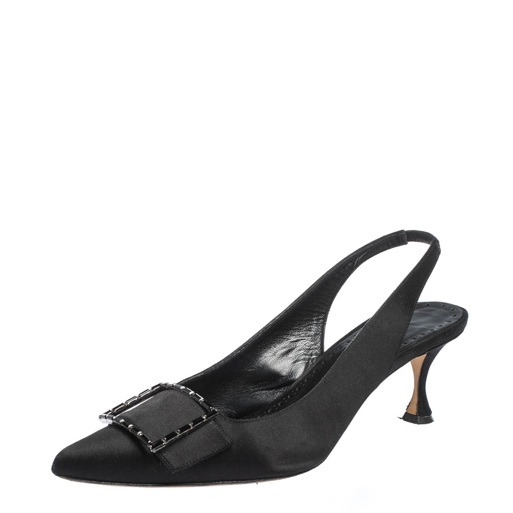 Image of Manolo Blahnik Black Satin Dolores Pointed Toe Slingback Sandals Size .