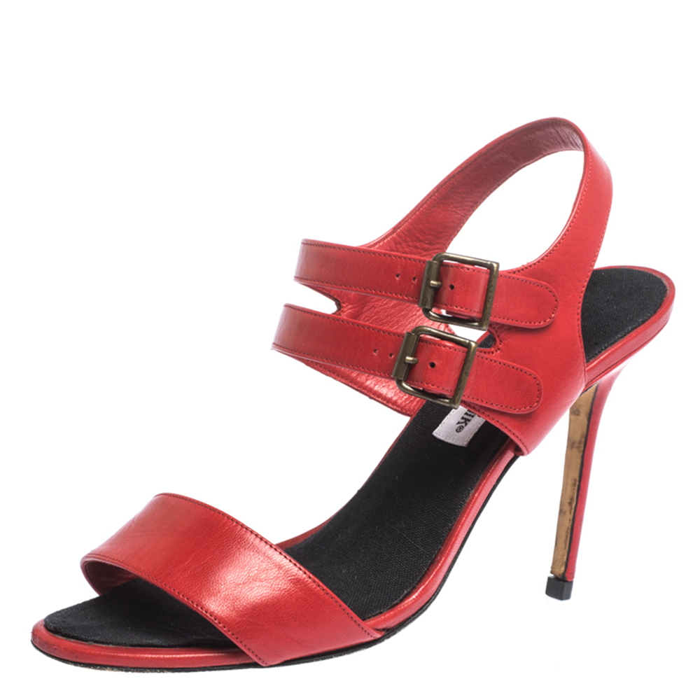 Image of Manolo Blahnik Red Leather Bakhita Double Buckle Strappy Sandals