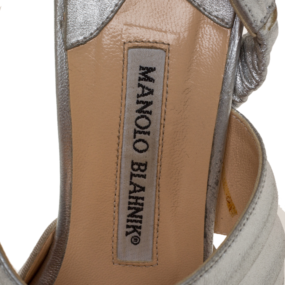 Manolo Blahnik Silver Leather And Grey Grosgrain Alla Pumps Size 37
