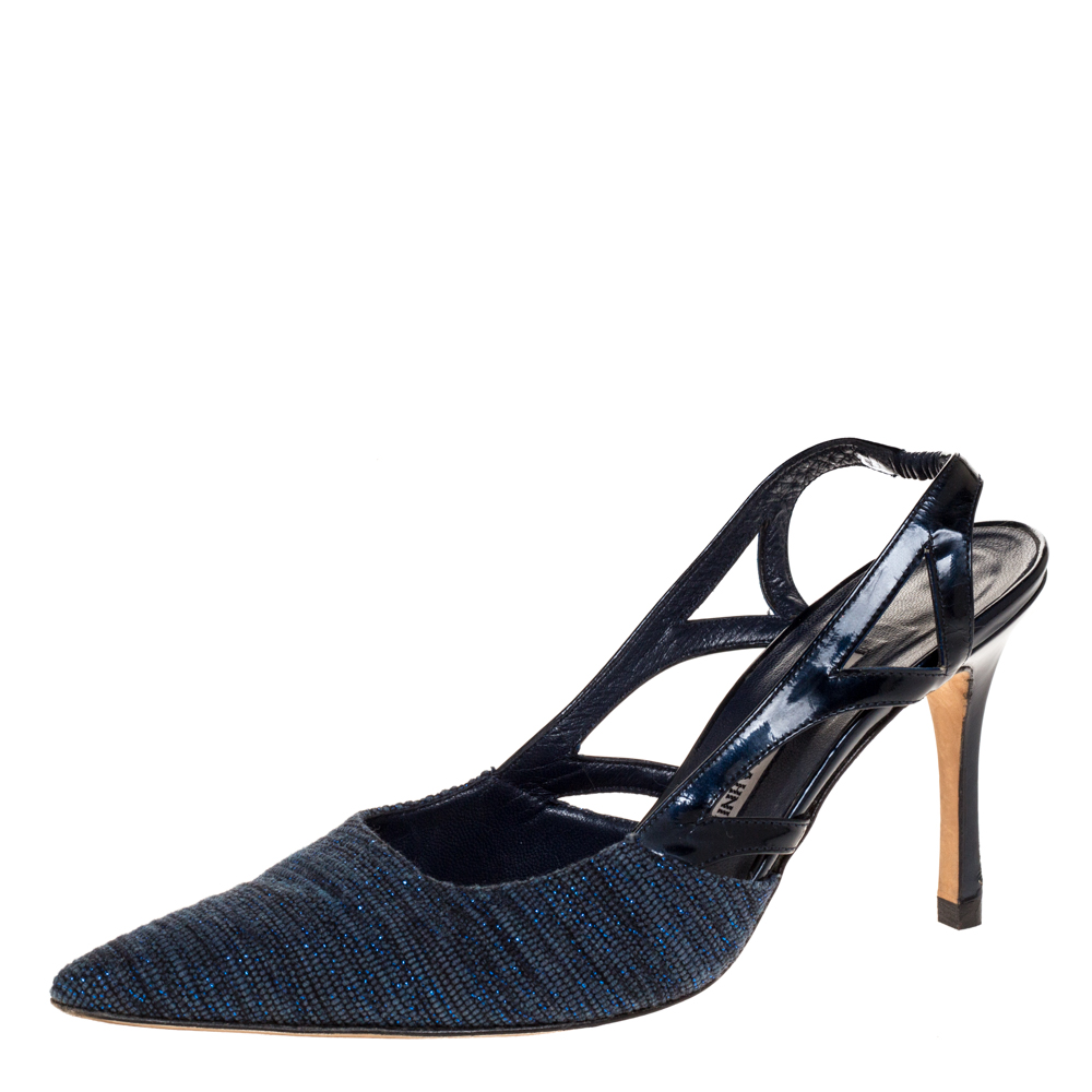 Image of Manolo Blahnik Blue Canvas And Cutout Patent Pointed Toe Slingback Sandals Size