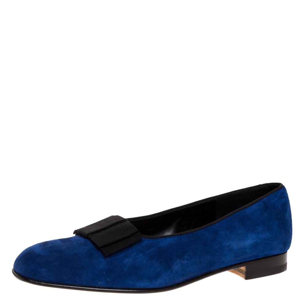 Image of Manolo Blahnik Blue Suede Leather Toro Opera Bow Slip On Loafers Size