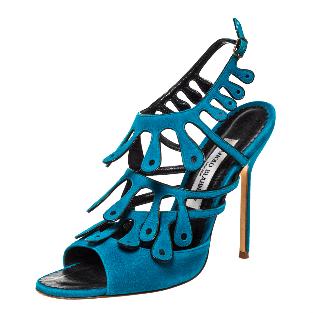 Image of Manolo Blahnik Blue Suede Strappy Ankle Strap Sandals Size