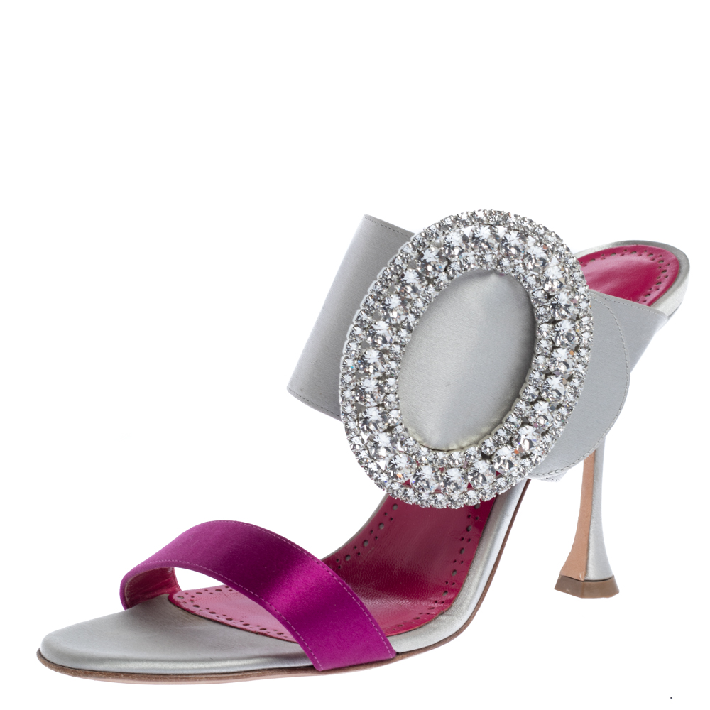Image of Manolo Blahnik Grey/Purple Satin Fibiona Crystal Embellished Open Toe Sandals Size .