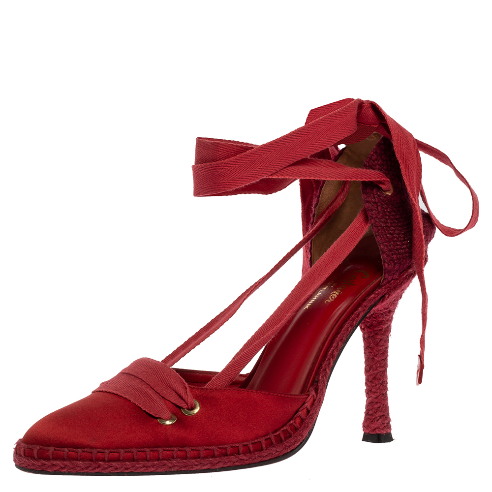 Image of Castaner By Manolo Blahnik Red Satin And Canvas Espadrille Pointed Toe Ankle Tie Sandals Size