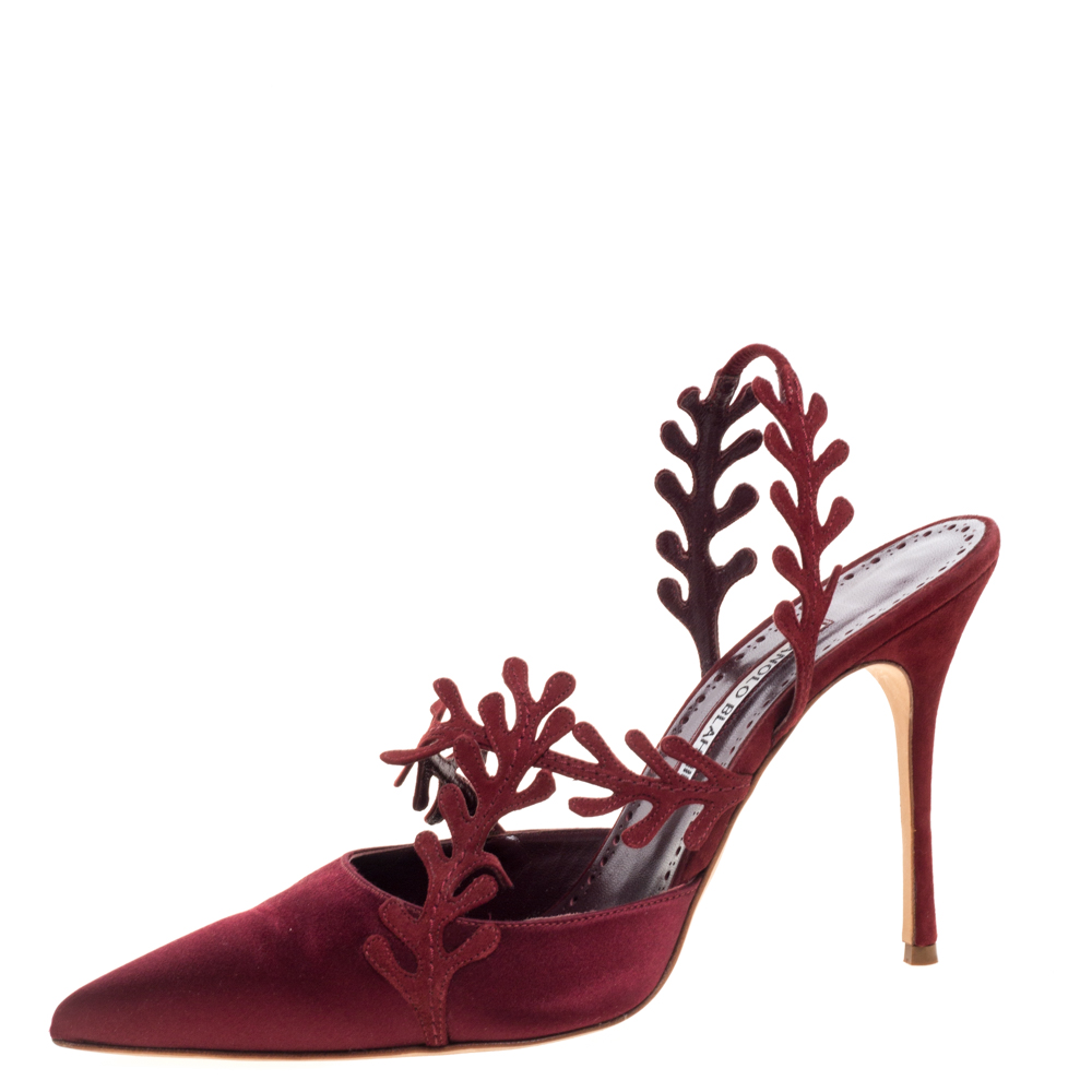 Image of Manolo Blahnik Burgundy Satin Leaf Slingback Sandals Size .