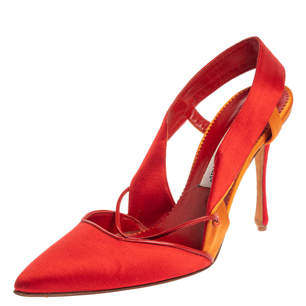 Image of Manolo Blahnik Red/Orange Satin Pointed Toe Slingback Sandals Size .