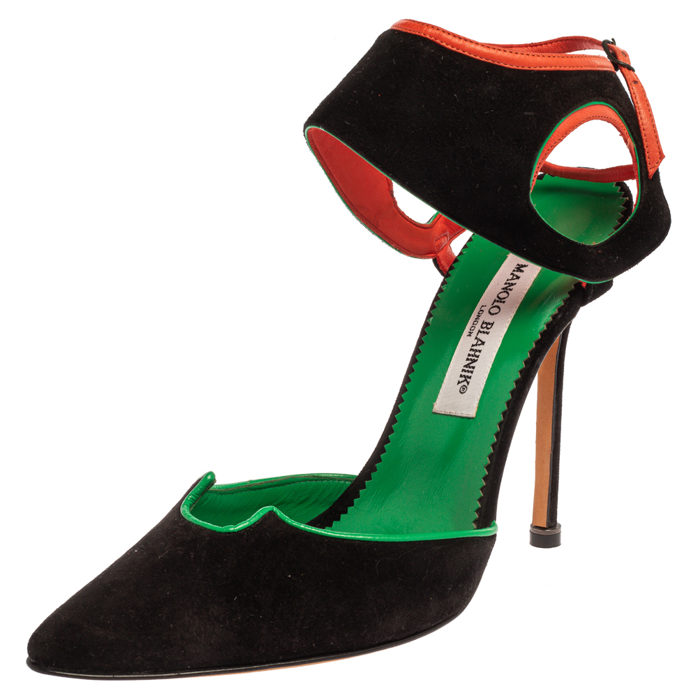 Image of Manolo Blahnik Tri Color Suede Pointed Toe Ankle Strap Sandals Size