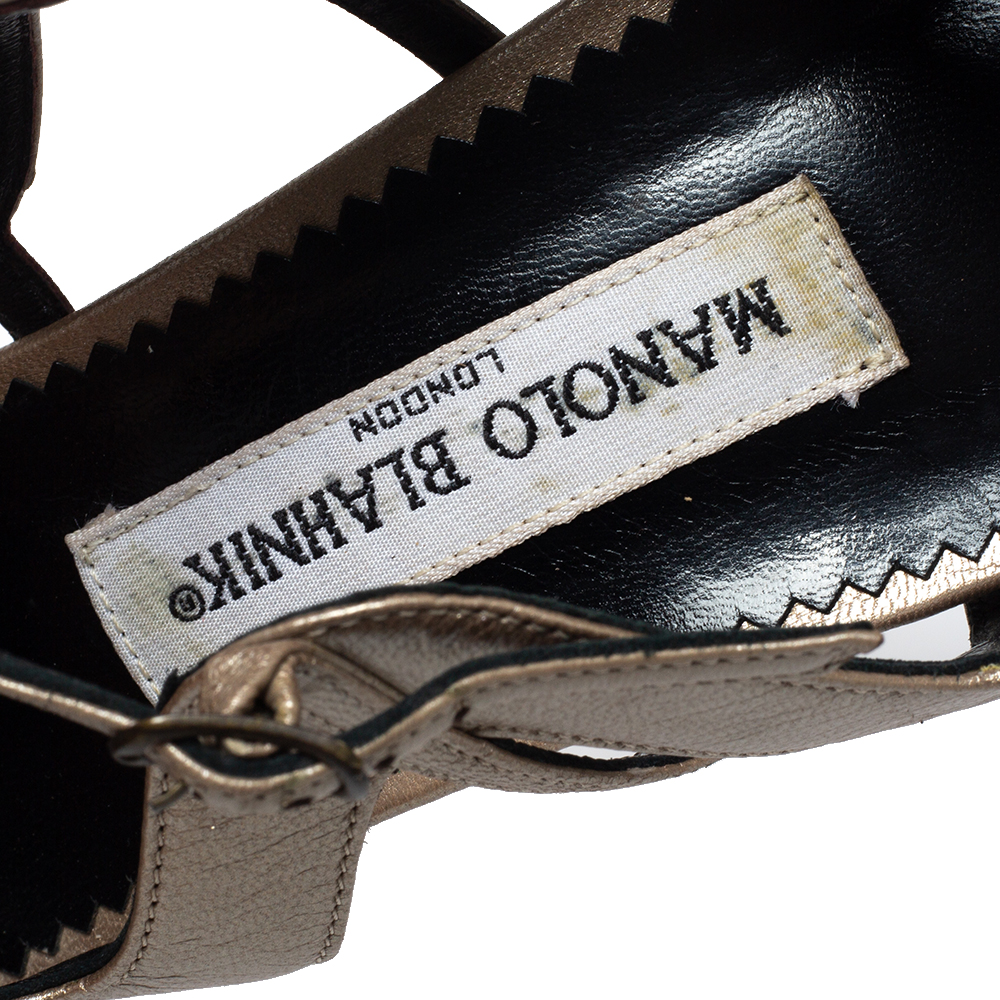 Manolo Blahnik Metallic Beige Leather Cutout Sandals Size 39.5