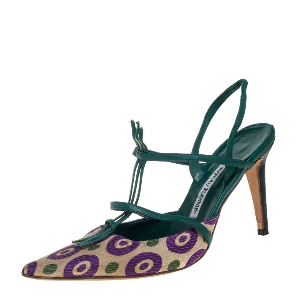 Manolo Blahnik Multicolor Printed Fabric And Leather Pointed Toe Slingback Sandals Size 40.5