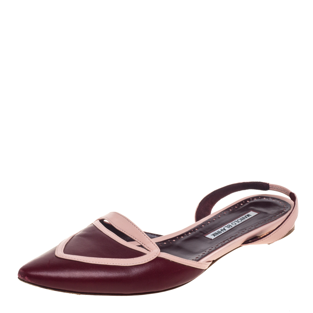 Manolo Blahnik Burgundy/Pink Leather Pointed Toe Slingback Flats Size 39.5