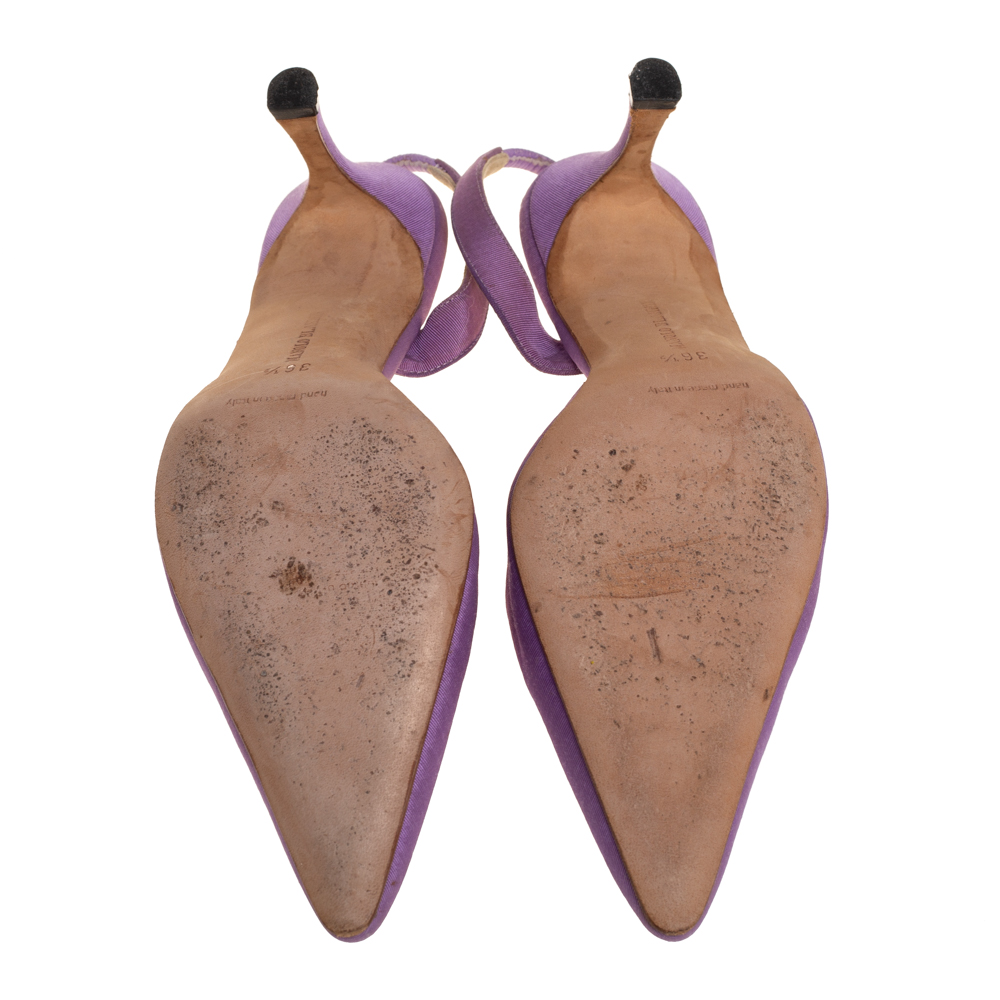 Manolo Blahnik Vintage Purple Fabric Carolyne Pointed Toe Slingback Sandals Size 36.5