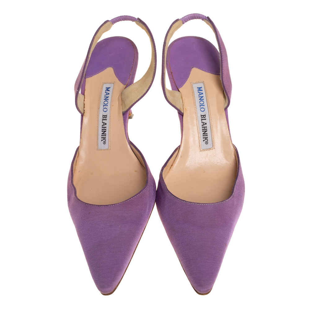 Manolo Blahnik Vintage Purple Fabric Carolyne Pointed Toe Slingback Sandals Size 36.5