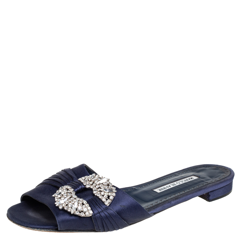 Manolo Blahnik Navy Blue Satin Crystal Flat Sandals Size 39