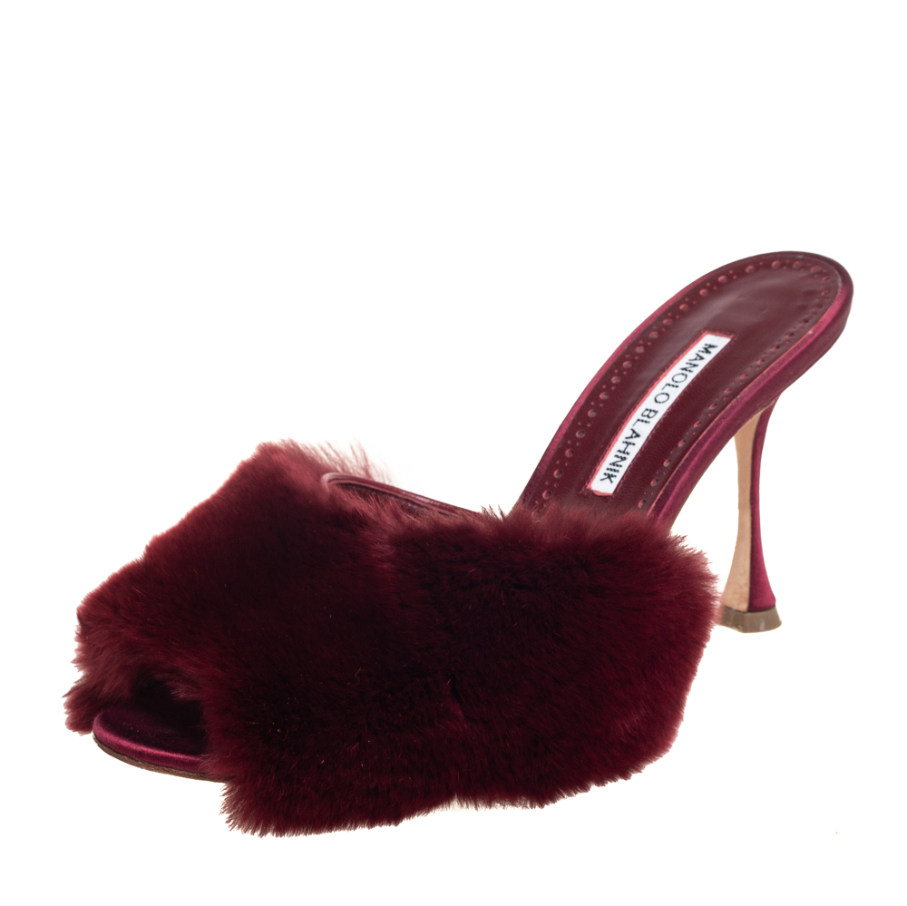 Manolo Blahnik Burgundy Fur And Leather Mules Sandals Size 39