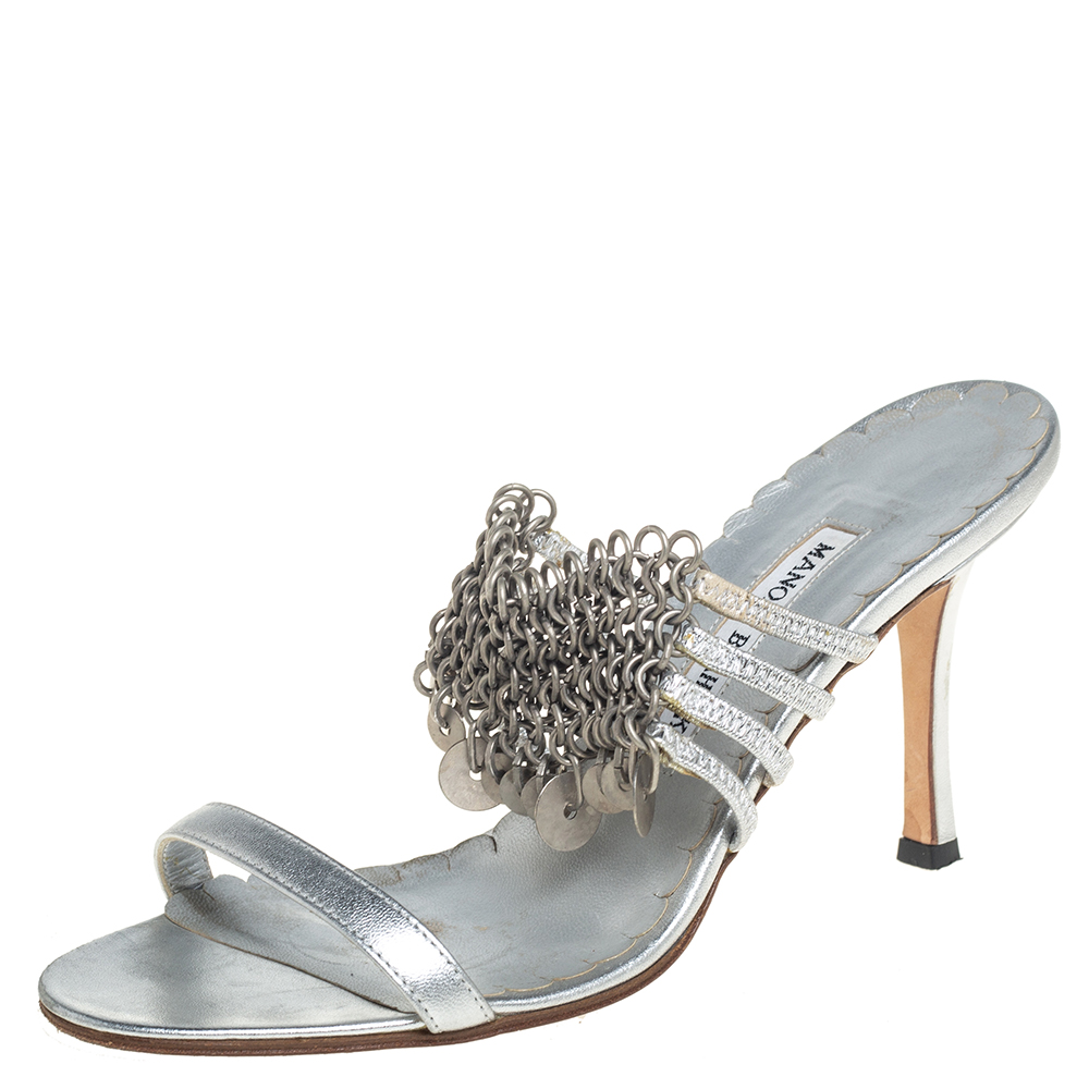 Manolo Blahnik Metallic Silver Leather Strappy Chain Slide Sandals Size 38