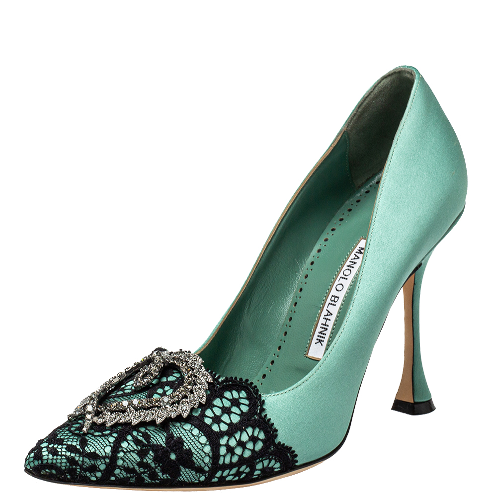 Manolo Blahnik Green Lace And Satin Hangisi Pointed Toe Pumps Size 38.5
