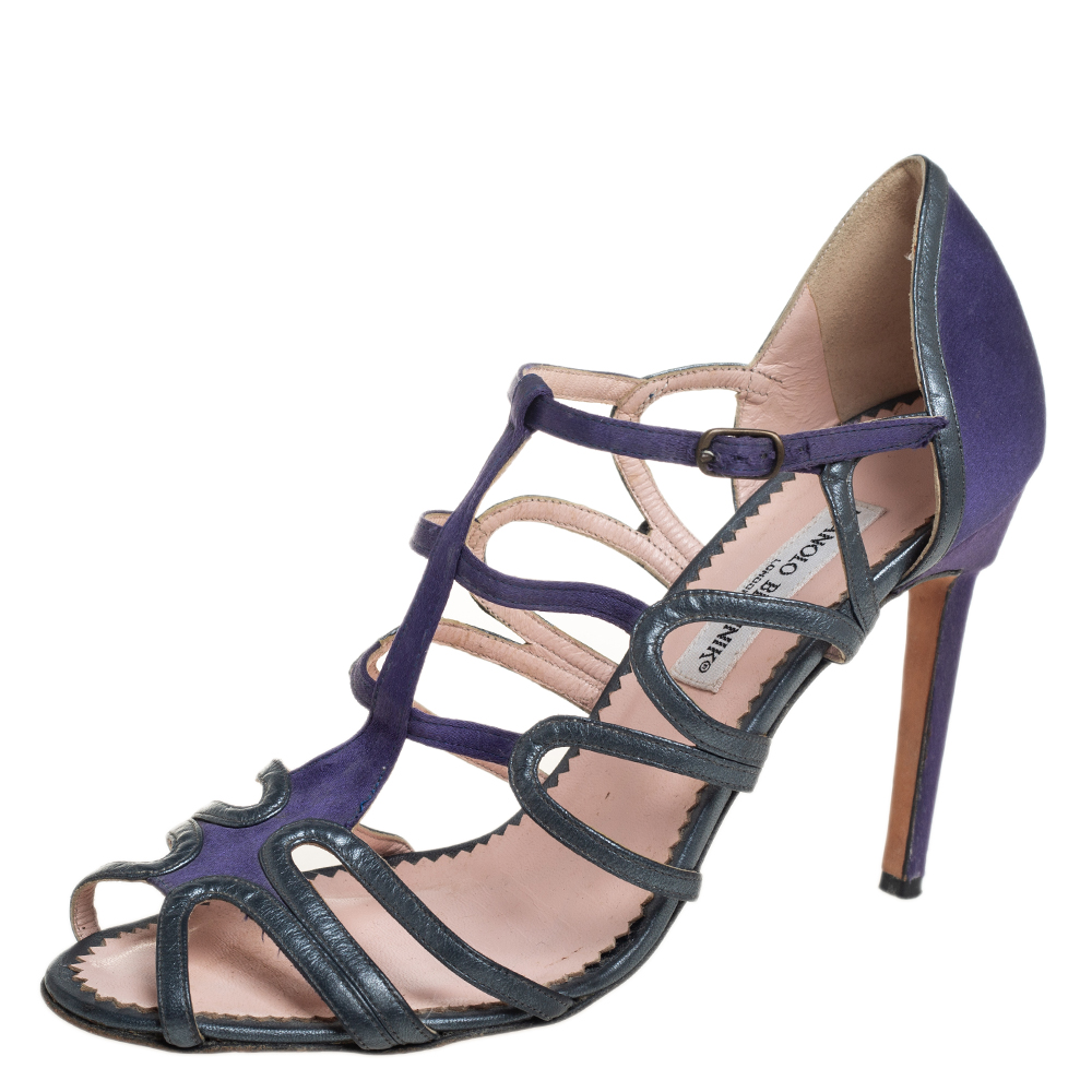 Manolo blahnik purple/grey  leather and satin cage sandals size 40