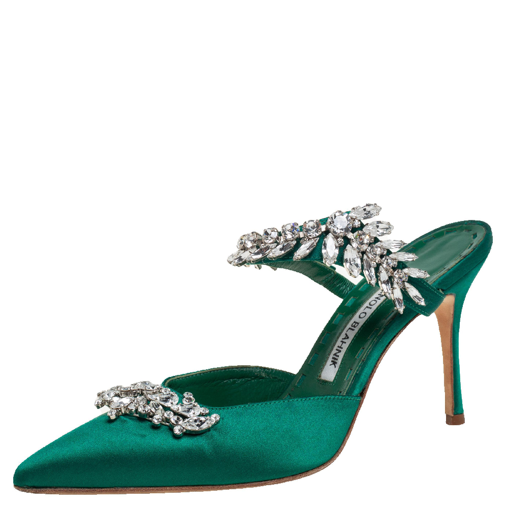 Manolo Blahnik Green Satin Crystal Embellished Lurum Sandals Size 37.5