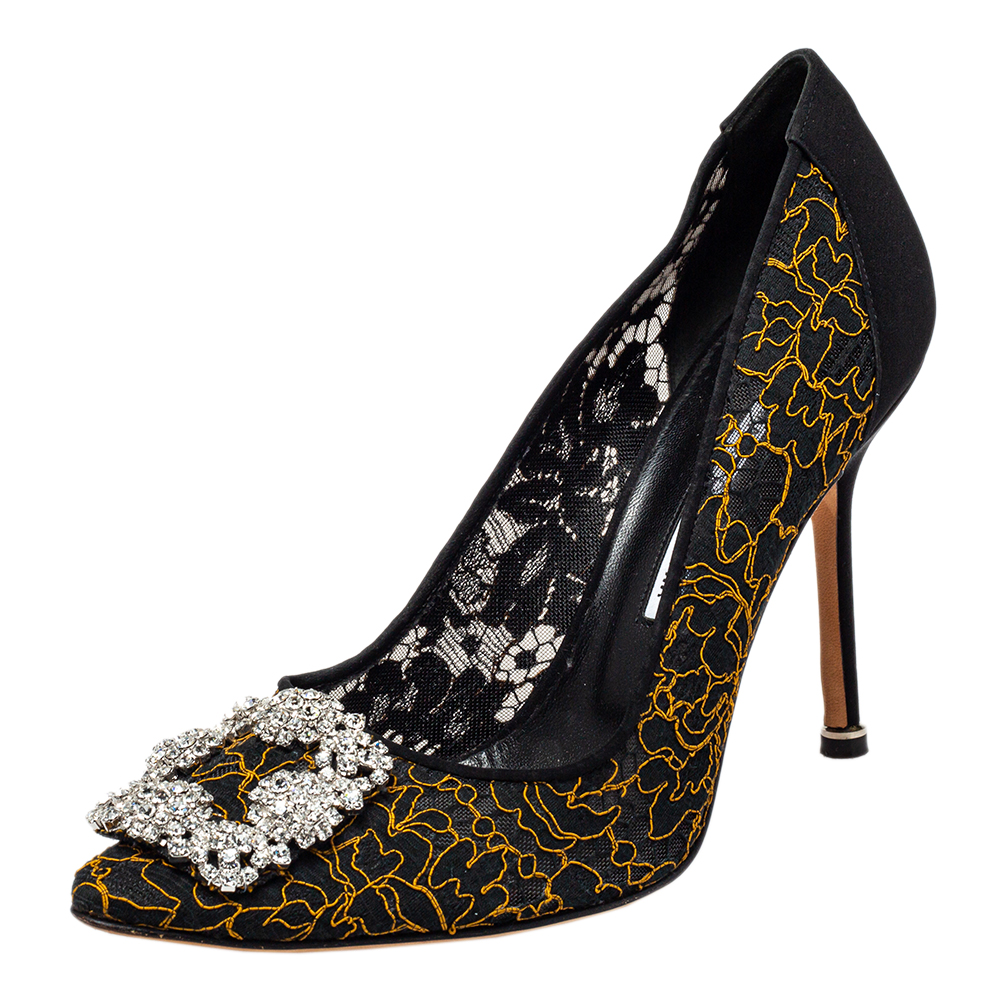 Manolo Blahnik Black Embroidered Mesh And Fabric Hangisi Pumps Size 38.5