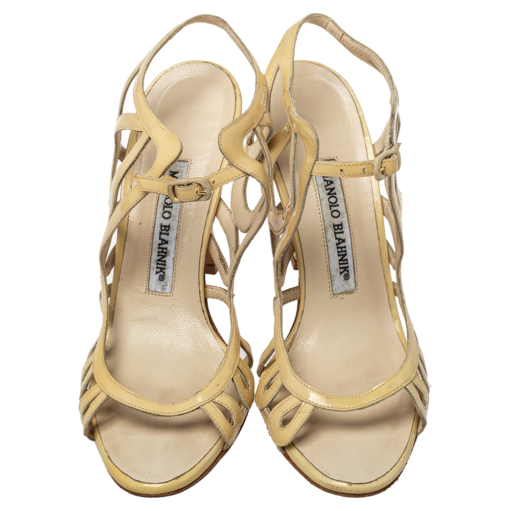 Manolo Blahnik Yellow Patent Leather Strappy Sandals Size 36.5