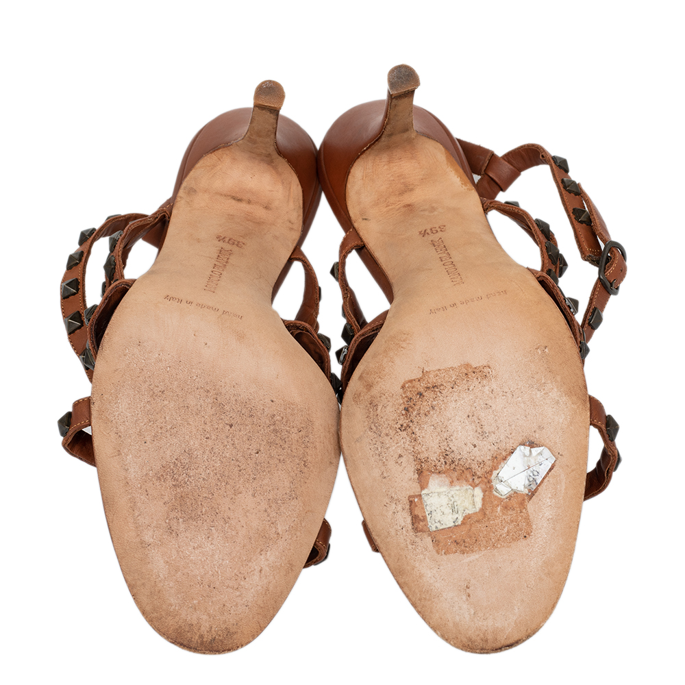 Manolo Blahnik Brown Leather Embellished Ankle Strap Sandals Size 39.5