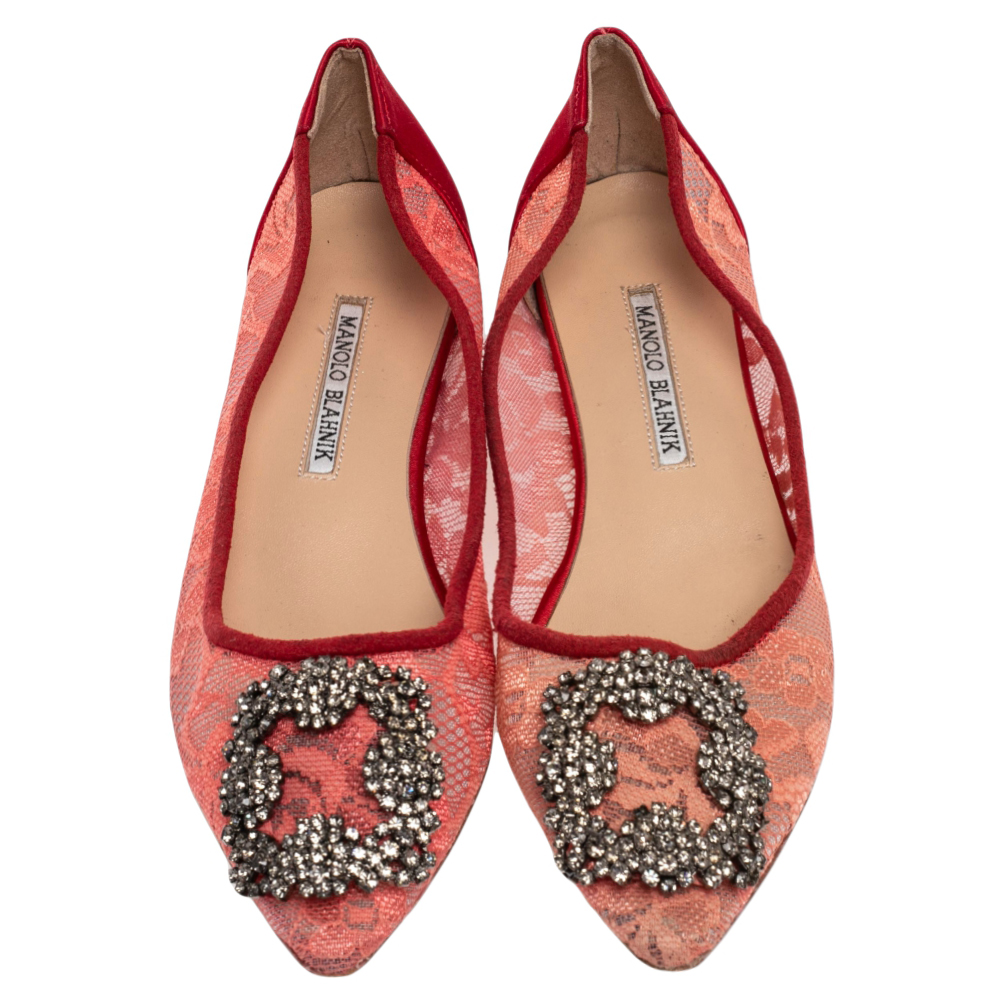 Manolo Blahnik Red Lace And Satin Hangisi Ballet Flats Size 36
