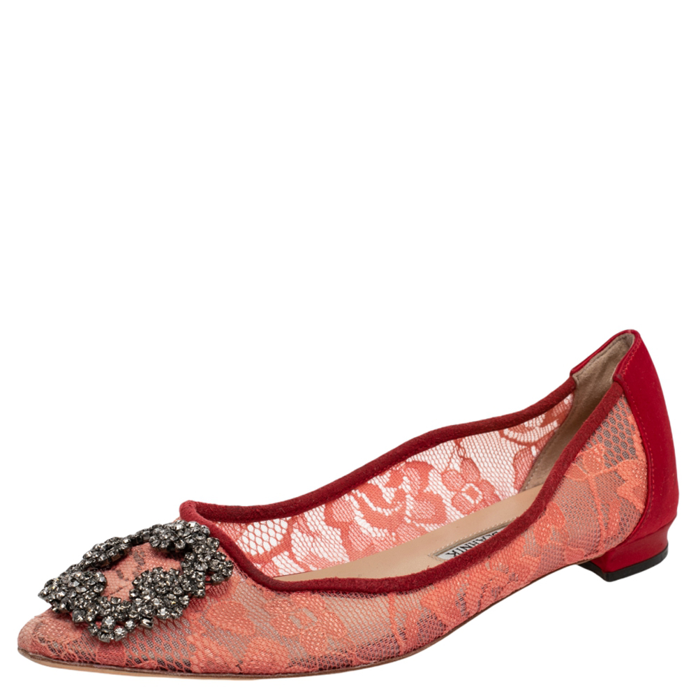 Manolo Blahnik Red Lace And Satin Hangisi Ballet Flats Size 36