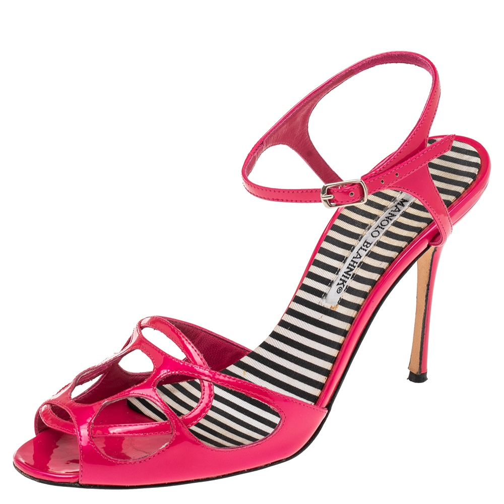 Manolo Blahnik Pink Patent Leather Cutout Strappy Sandals Size 39