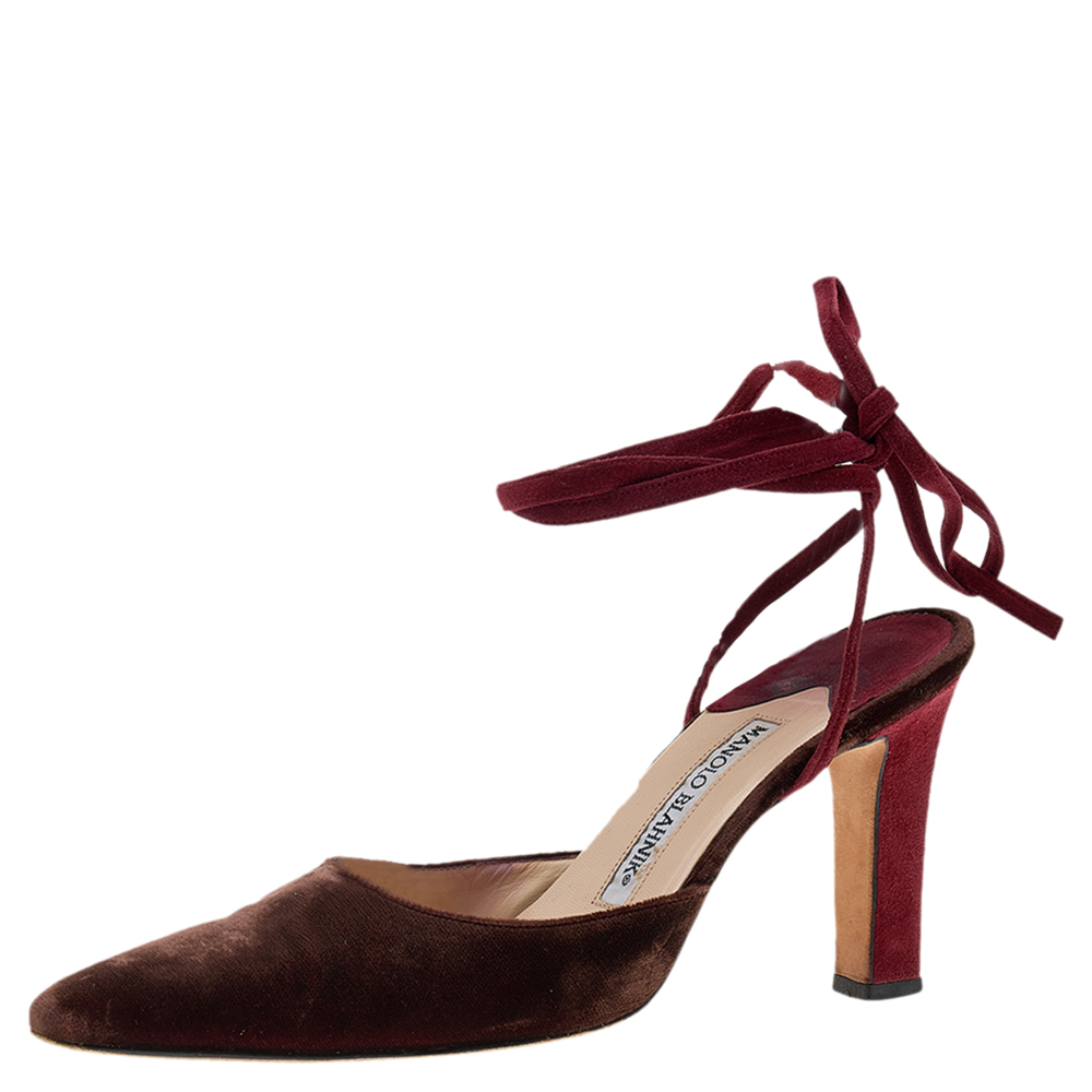 Manolo Blahnik Maroon/Red Velvet Ankle Wrap Sandals Size 37