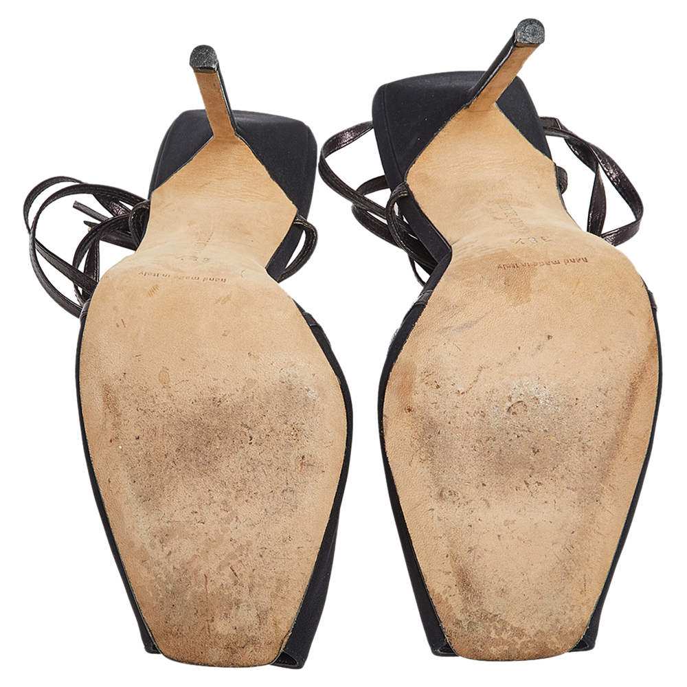 Manolo Blahnik Black/Plum Satin And Leather Square Peep-Toe Ankle-Tie Sandals Size 38.5