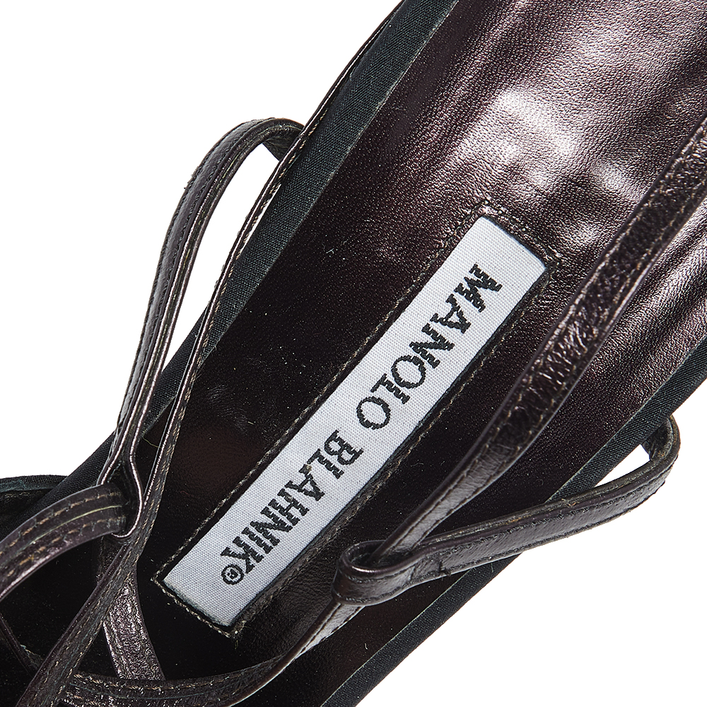 Manolo Blahnik Black/Plum Satin And Leather Square Peep-Toe Ankle-Tie Sandals Size 38.5